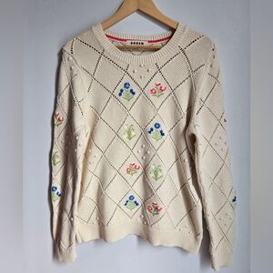 BODEN Cream Knit Cotton Sweater with Floral Embroidery
